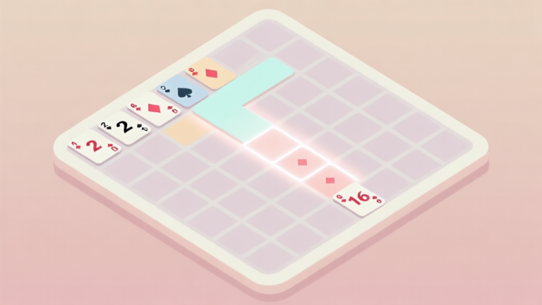自动生成图片: A minimalist, top-down view of a Solitaire 2048 game board in progress, showing a clean cascade of numbered cards (2, 4, 8, 16) with soft pastel colors, a subtle grid overlay, and one strategic move highlighted with a soft glow high quality illustration, detailed, 16:9