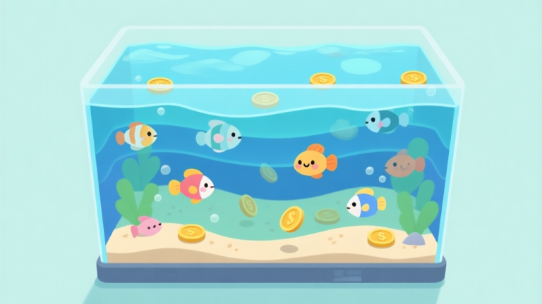 自动生成图片: A serene, top-down view of a virtual aquarium in a mobile game, with various cute cartoon fish swimming in layers. Coins are gently falling to the sandy bottom. Soft blue and green color palette, clean interface, minimalist style. high quality illustration, detailed, 16:9