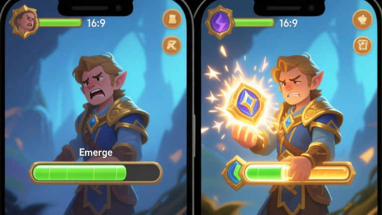 自动生成图片: A split-screen mobile game interface. Left side shows a player with empty energy bar looking frustrated. Right side shows the same player activating a glowing, spark-like token, refilling the energy bar instantly. Fantasy RPG aesthetic, soft blues and golds. high quality illustration, detailed, 16:9