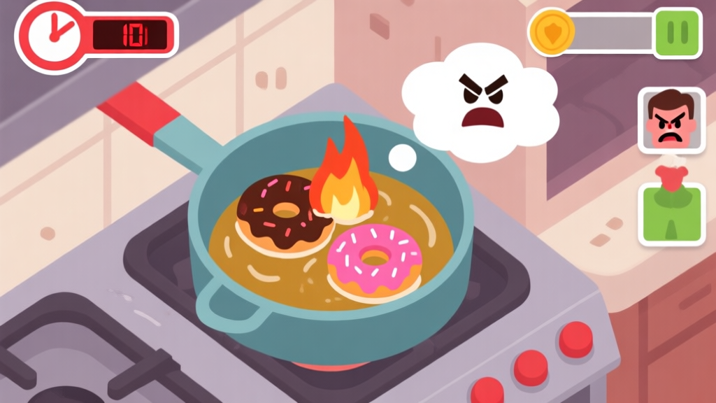A top-down view of a chaotic mobile cooking game screen, two donuts burning in a fryer, a timer running low in red, and angry customer thought bubbles, in a flat cartoon style with a soft, slightly muted color palette high quality illustration, detailed, 16:9