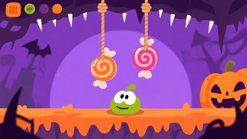 A stylized, slightly spooky game scene showing the 'Adam and Eve' level from Cut the Rope. Two candy pieces are suspended by ropes above spikes, with Om Nom waiting below. Soft purple and orange Halloween-themed color palette, clean vector illustration style. high quality illustration, detailed, 16:9