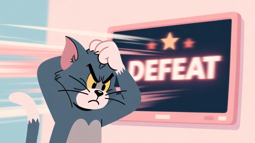 A frustrated cartoon cat (Tom-like) scratching its head in front of a victory screen showing "DEFEAT", with a speedy blur trail behind it, soft pastel colors, flat illustration style high quality illustration, detailed, 16:9