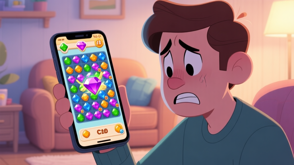 A frustrated player looking at a smartphone screen showing a chaotic Jewel Crush level with many moves left but no clear matches, in a cozy home setting, soft lighting, cartoon illustration style high quality illustration, detailed, 16:9
