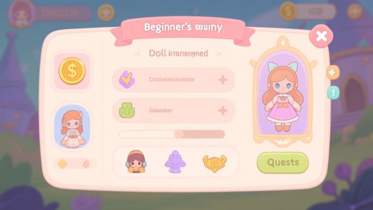 自动生成图片: A cozy, illustrated game UI dashboard showing a beginner's journey in a fantasy doll collector game, with soft icons for currency, characters, and quests, pastel color palette, clean lines high quality illustration, detailed, 16:9