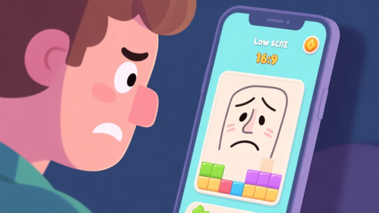 自动生成图片: A frustrated player looking at a mobile puzzle game screen showing a poorly drawn face with a low score, soft pastel colors, cartoon style, clean lines high quality illustration, detailed, 16:9