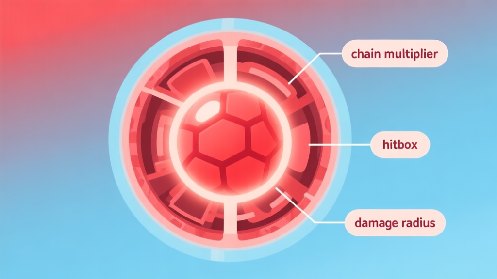 A stylized, cross-section view of a glowing red game ball core, showing layered mechanics like "chain multiplier", "hitbox", and "damage radius" with soft labels, in a minimalist flat design with a soft blue and red gradient background high quality illustration, detailed, 16:9
