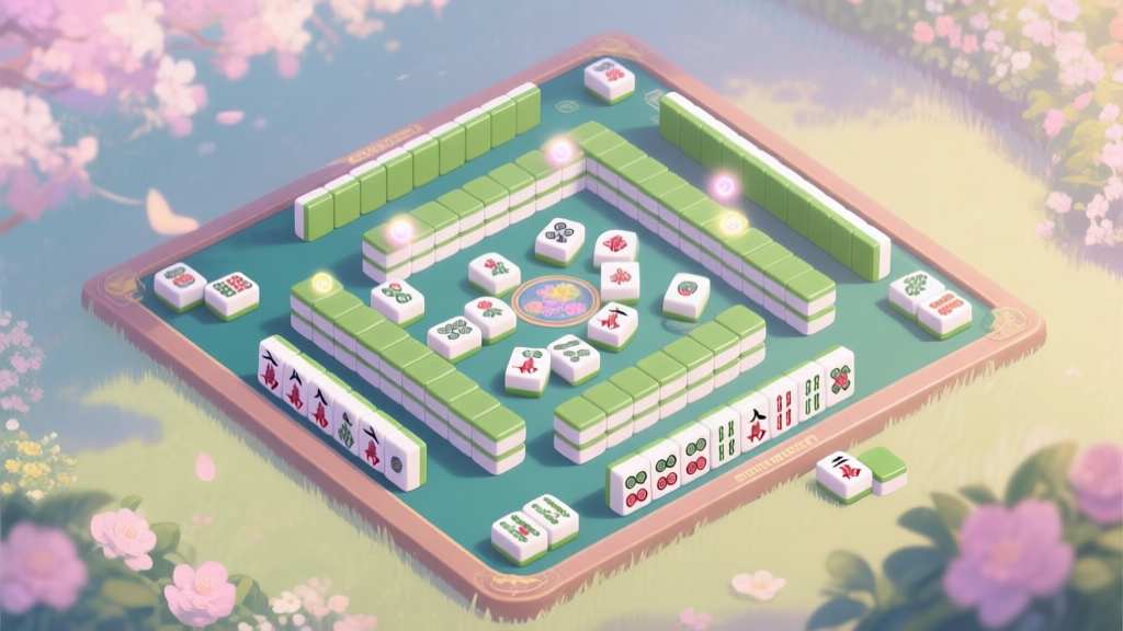A top-down view of a beautifully rendered Mahjong Solitaire board from Spring Garden 2, showing a complex layout with floral tiles, some highlighted with a soft glow, on a serene garden background. Soft pastel color scheme. high quality illustration, detailed, 16:9