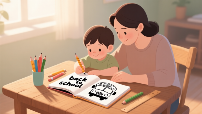 自动生成图片: A cozy scene of a parent and child coloring together at a wooden table, a "back to school" themed coloring book open between them, featuring pencils, a ruler, and a friendly school bus drawing, soft morning light, warm and muted color palette high quality illustration, detailed, 16:9