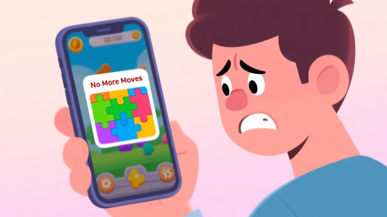 自动生成图片: A frustrated player looking at a smartphone screen showing a colorful puzzle game with a 'No More Moves' pop-up, soft pastel background, cartoon style high quality illustration, detailed, 16:9