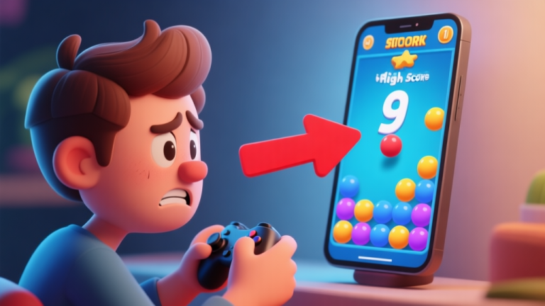 自动生成图片: A frustrated mobile gamer looking at a stuck high score screen in a 3D ball tapping game, with a red arrow pointing at the unmoving number, soft lighting, cartoonish style high quality illustration, detailed, 16:9