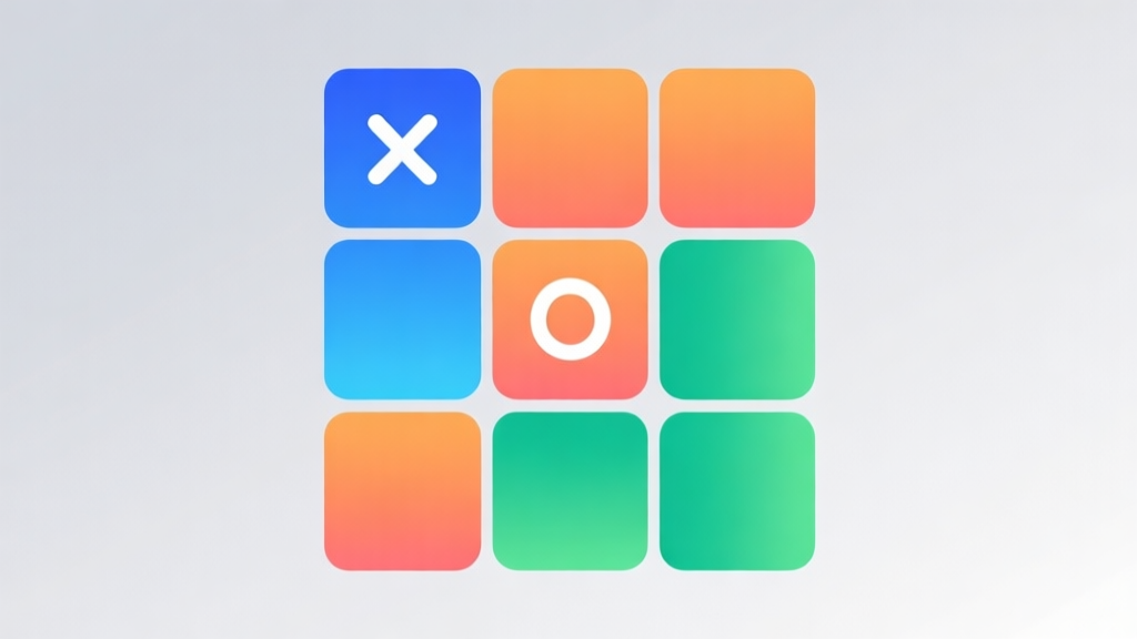 A vibrant, minimalist 3x3 game grid for Tic Tac Toe, but instead of X and O, the squares are filled with soft gradient colors like blue, orange, and green. The background is a clean, light grey. Flat design style, professional color scheme high quality illustration, detailed, 16:9