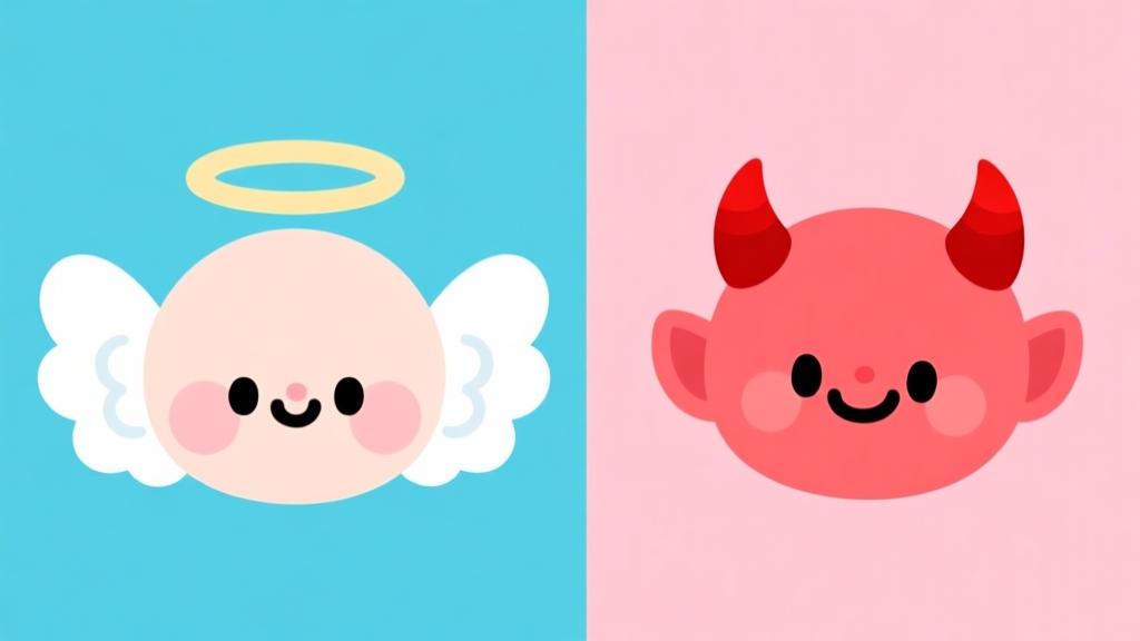 A split-screen digital art illustration showing two contrasting kawaii avatars. On the left, a cute angel with fluffy white wings and a halo on a pastel blue background. On the right, a cute devil with small red horns and a playful smirk on a soft pink background. Flat design style, soft color palette. high quality illustration, detailed, 16:9