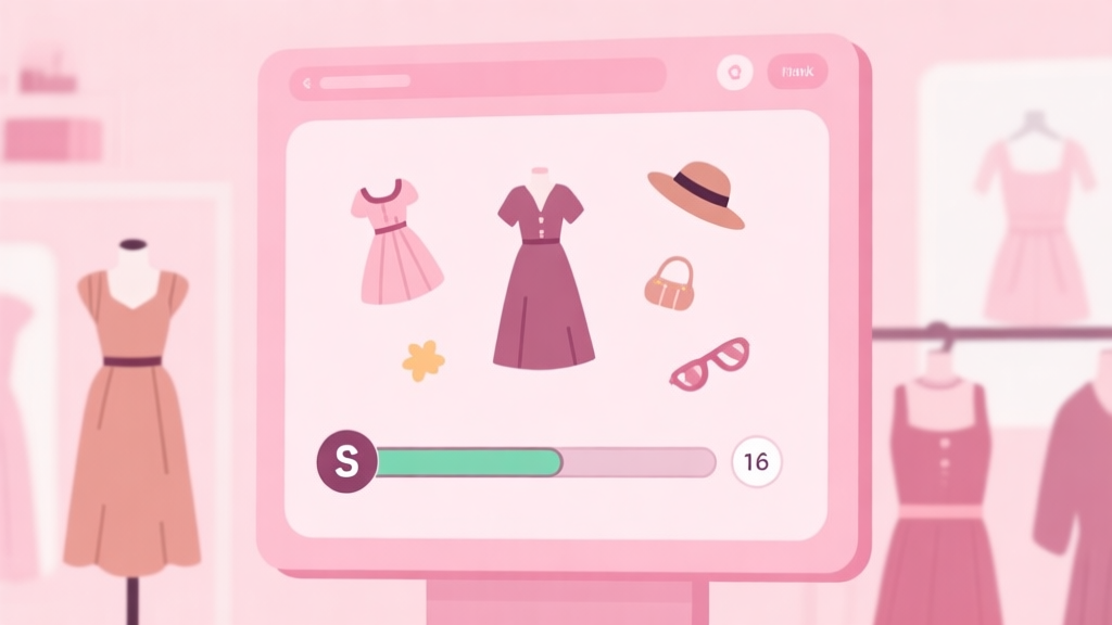 A serene, pastel-colored digital illustration of a virtual fashion design studio. On a soft pink dashboard, elegant clothing icons like dresses, hats, and accessories float near a progress bar showing an 'S' rank. The style is clean, minimalist flat design with a light spring color palette. high quality illustration, detailed, 16:9