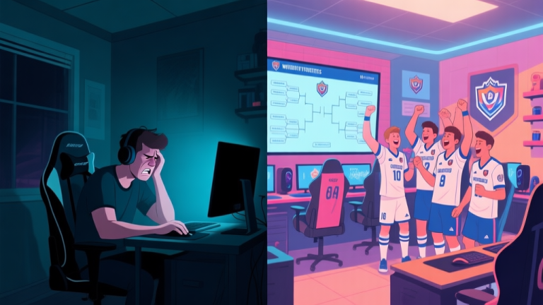自动生成图片: A split-screen image contrasting two scenes. Left side: a dimly lit room with a single player looking frustrated at a computer. Right side: a vibrant, organized gaming space with a team celebrating, wearing matching jerseys, with a tournament bracket visible on a screen. Soft, motivational color palette. high quality illustration, detailed, 16:9