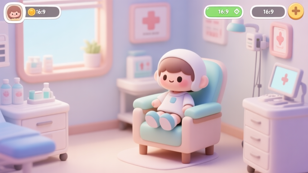A stylized, cozy game interface showing a virtual dermatology clinic room, with a cute patient doll sitting in a chair, soft pastel color palette, clean and friendly aesthetic high quality illustration, detailed, 16:9