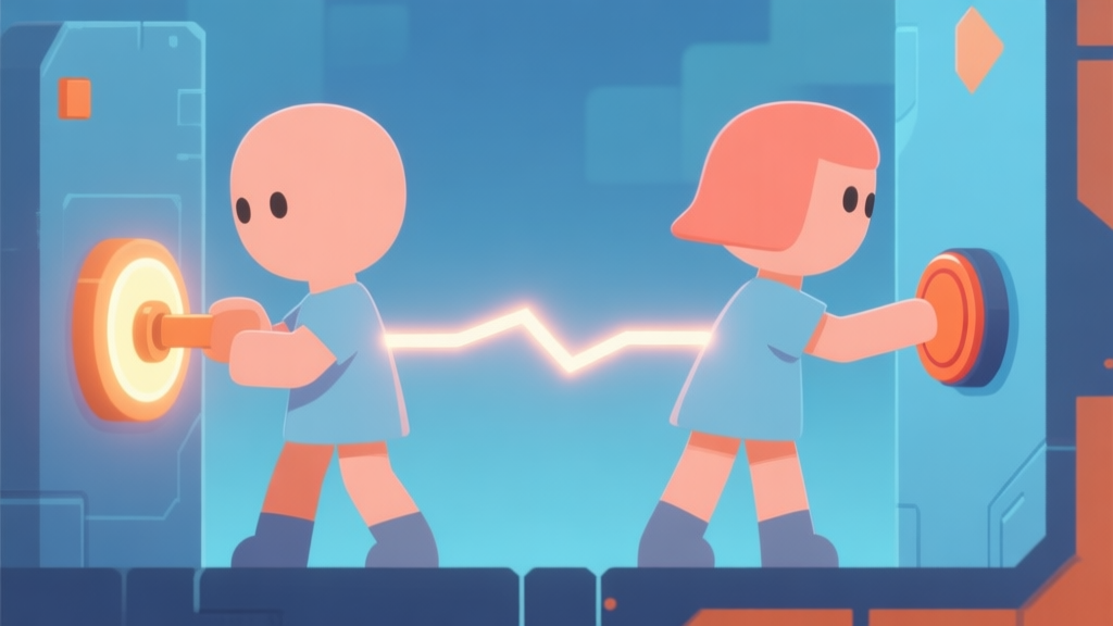 Two stylized, gender-neutral characters in simple game-like outfits, one pulling a glowing lever on the left, the other pushing a button on the right, connected by a pulsing line of energy. Soft blue and orange color palette, minimalist game UI style high quality illustration, detailed, 16:9