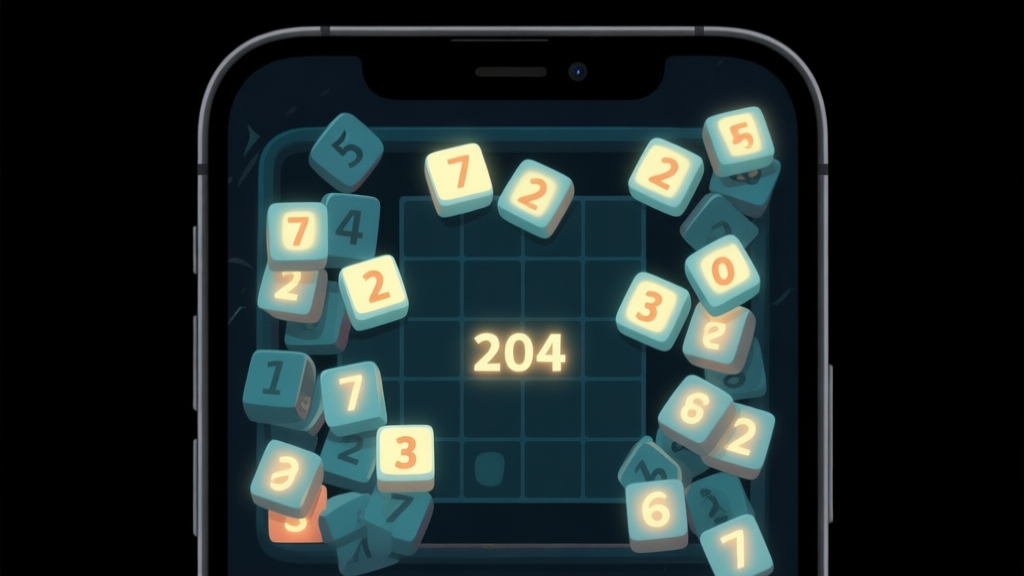 A close-up view of a smartphone screen showing a chaotic 2048 game board with high-number tiles stuck in corners, soft glowing numbers on a dark background, evoking a sense of tension and near-victory high quality illustration, detailed, 16:9