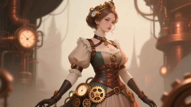 自动生成图片: A stylized, elegant steampunk princess character in a detailed illustration, blending Victorian-era gown elements with brass gears, leather straps, and subtle glowing gauges, soft sepia and copper color palette, digital painting style high quality illustration, detailed, 16:9