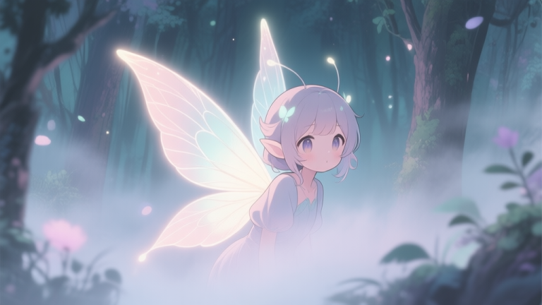 自动生成图片: A mysterious and cute fairy character with glowing wings, partially hidden in the mist of a magical forest, soft pastel color palette, anime-inspired style, evoking a sense of wonder and curiosity high quality illustration, detailed, 16:9