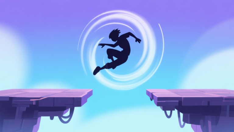 自动生成图片: A stylized, side-view video game scene showing a silhouette character performing a corkscrew spin mid-air between two floating platforms, with motion blur lines illustrating the helical path, soft blue and purple gradient background high quality illustration, detailed, 16:9