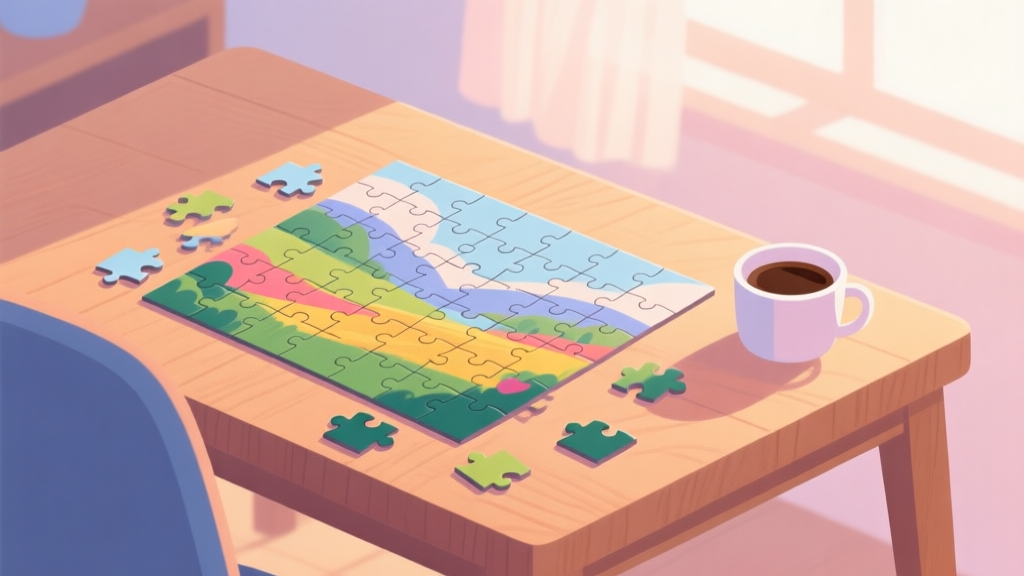 A cozy, inviting scene of a beginner's puzzle setup on a wooden table, with a partially completed 500-piece jigsaw puzzle showing a colorful landscape, a cup of coffee nearby, and soft morning light - style flat illustration - color palette soft pastel high quality illustration, detailed, 16:9
