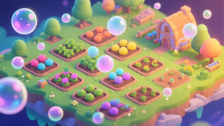 自动生成图片: A vibrant, isometric view of a fantastical game farm with colorful bubbles of different sizes floating in organized plots, soft magical glow, peaceful and productive atmosphere, digital art style high quality illustration, detailed, 16:9