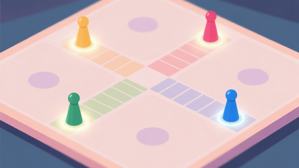 A minimalist, top-down view of a Ludo board in soft pastel colors, showing four different colored tokens on their starting paths, with subtle glowing highlights on two of them to suggest strategic focus high quality illustration, detailed, 16:9