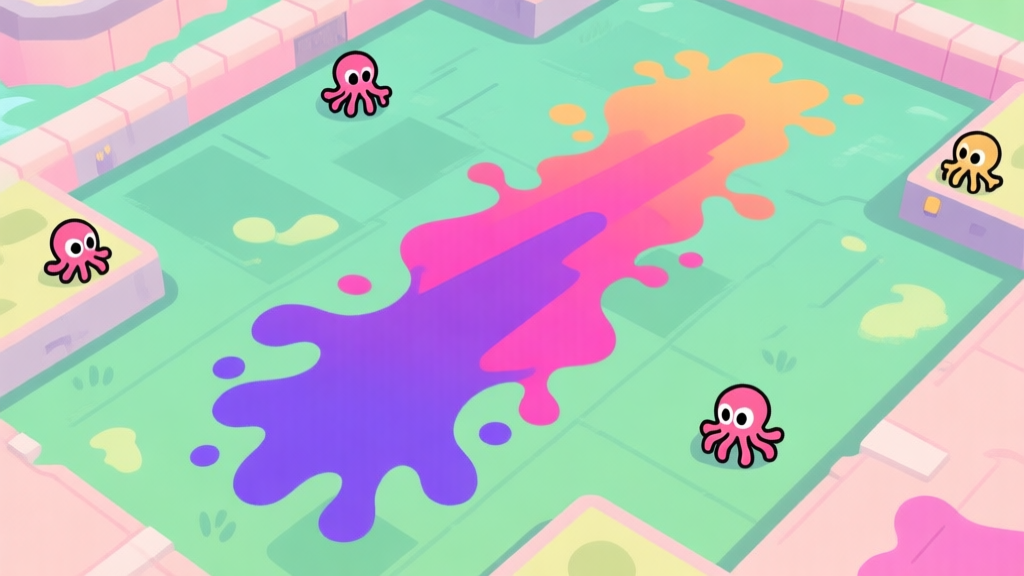A top-down view of a Splatoon-like battlefield, showing a large, vibrant ink path cutting through enemy territory, with small squid icons hiding at the edges, soft pastel colors, clean vector style high quality illustration, detailed, 16:9