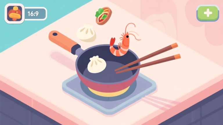 自动生成图片: A stylized, top-down view of a mini-game interface from a video game, featuring a wok, flying food items like dumplings and shrimp, and a pair of chopsticks. Soft pastel color palette, clean lines, flat design style high quality illustration, detailed, 16:9