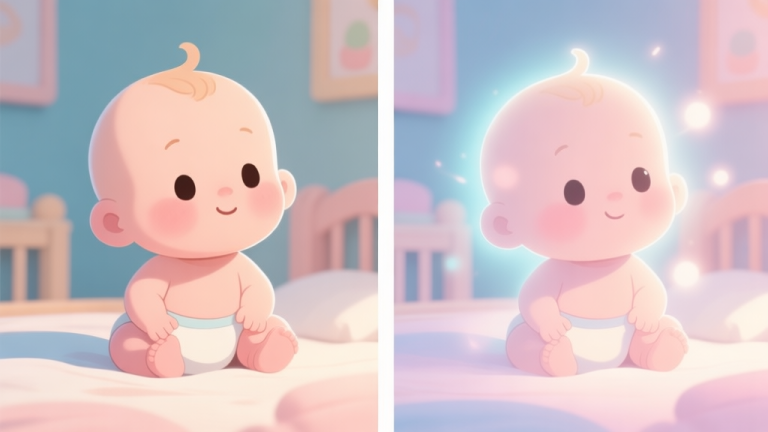 自动生成图片: A split-screen illustration showing a cute cartoon baby scene on the left looking simple, and on the right, the same scene with subtle, cleverly hidden differences highlighted with soft glow effects, pastel color palette high quality illustration, detailed, 16:9