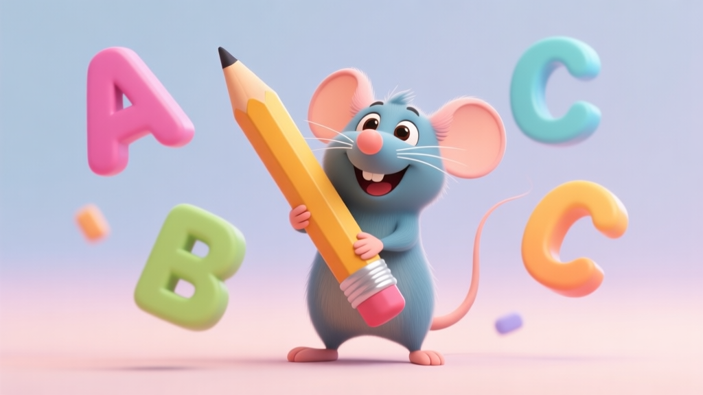 A cheerful cartoon mouse character holding a giant pencil, surrounded by floating, colorful 3D letters A, B, and C on a soft pastel background, digital illustration style high quality illustration, detailed, 16:9