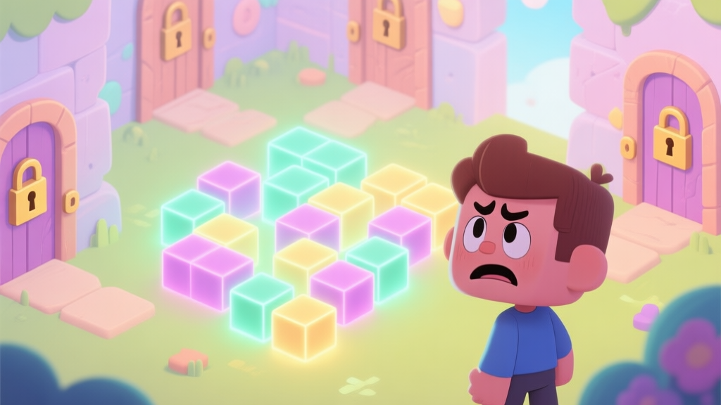 A player character looking frustrated at a complex puzzle with glowing blocks and locked doors in a bright, cartoonish world, soft pastel color palette high quality illustration, detailed, 16:9