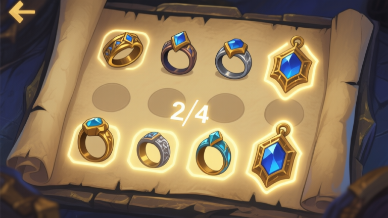 自动生成图片: A top-down view of a fantasy RPG inventory screen, showing several mismatched rings and amulets with glowing set item borders, one set is partially matched (2/4), soft glow, parchment-like background, muted gold and blue color palette high quality illustration, detailed, 16:9