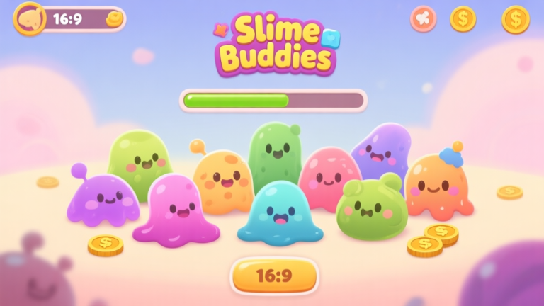 自动生成图片: A cozy, inviting game interface for a mobile game titled "Slime Buddies", showing a collection of cute, diverse slime characters on a soft pastel background, with a progress bar and some in-game currency visible high quality illustration, detailed, 16:9