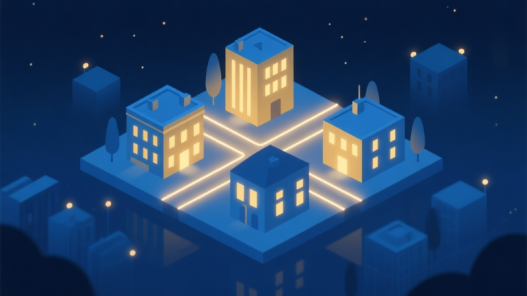 自动生成图片: A serene, softly lit isometric view of a small city at night, with a few key buildings glowing warmly, connected by delicate lines of light, in a gentle blue and gold color palette, flat design style high quality illustration, detailed, 16:9