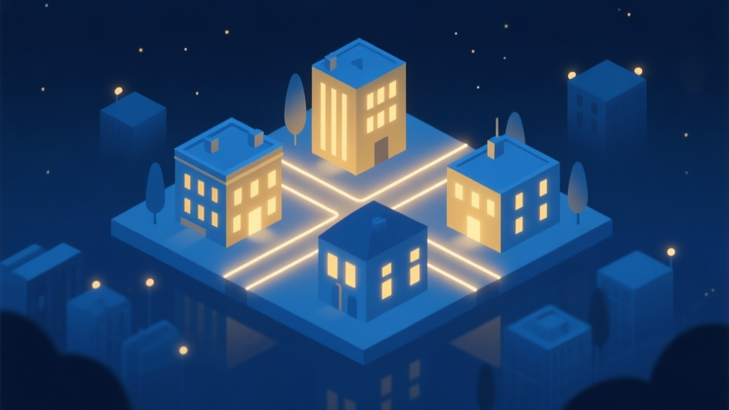 A serene, softly lit isometric view of a small city at night, with a few key buildings glowing warmly, connected by delicate lines of light, in a gentle blue and gold color palette, flat design style high quality illustration, detailed, 16:9