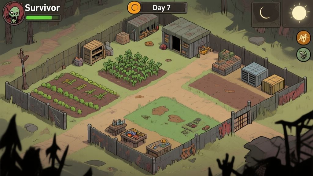 A top-down view of a well-organized survivor base in a zombie apocalypse game, showing distinct zones for farming, crafting, storage, and defense, with a day/night cycle indicator showing 'Day 7', soft post-apocalyptic color palette high quality illustration, detailed, 16:9