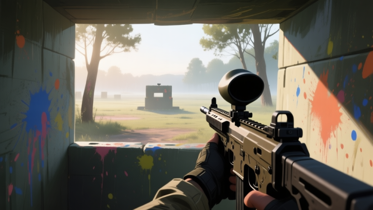 自动生成图片: A first-person perspective view from behind a paintball bunker, looking towards a distant obstacle. The marker is held ready, soft morning light filters through trees, paint splatters mark the bunker. Calm, tactical atmosphere. high quality illustration, detailed, 16:9