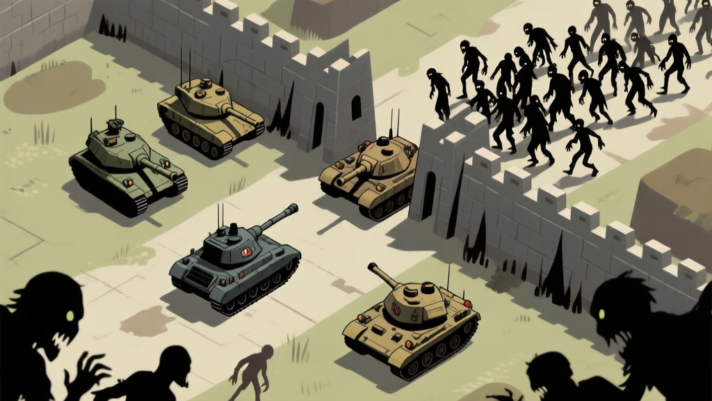 A top-down strategic view of a zombie defense game, showing a fortified wall with different tank units (heavy, medium, crowd-control) positioned at a choke point, with a horde of zombies approaching, in a muted color palette with highlights on unit silhouettes high quality illustration, detailed, 16:9