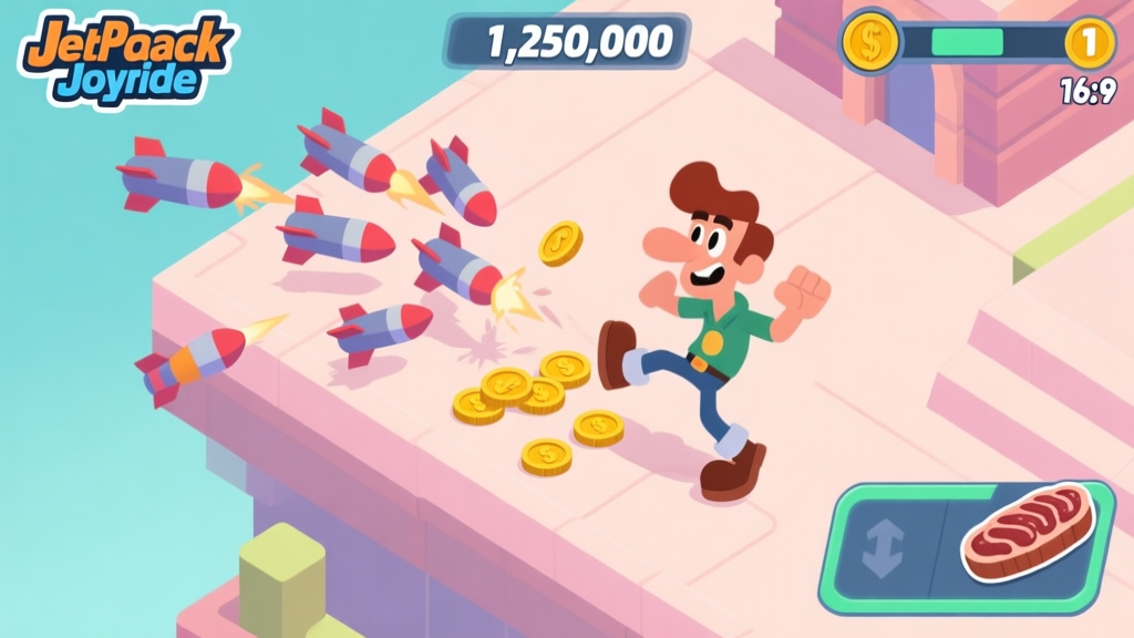 A detailed, isometric view of a Jetpack Joyride gameplay scene showing Barry Steakfries dodging a cluster of missiles and collecting coins, with a HUD displaying a score of 1,250,000, soft pastel color palette, clean lines high quality illustration, detailed, 16:9