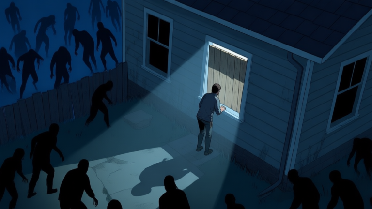 自动生成图片: A tense, atmospheric scene from a top-down survival game at night. A lone character is barricaded inside a dimly lit house, looking out a boarded-up window at shadowy, numerous figures shuffling outside. The color palette is muted with dark blues and greys, conveying suspense and isolation. high quality illustration, detailed, 16:9