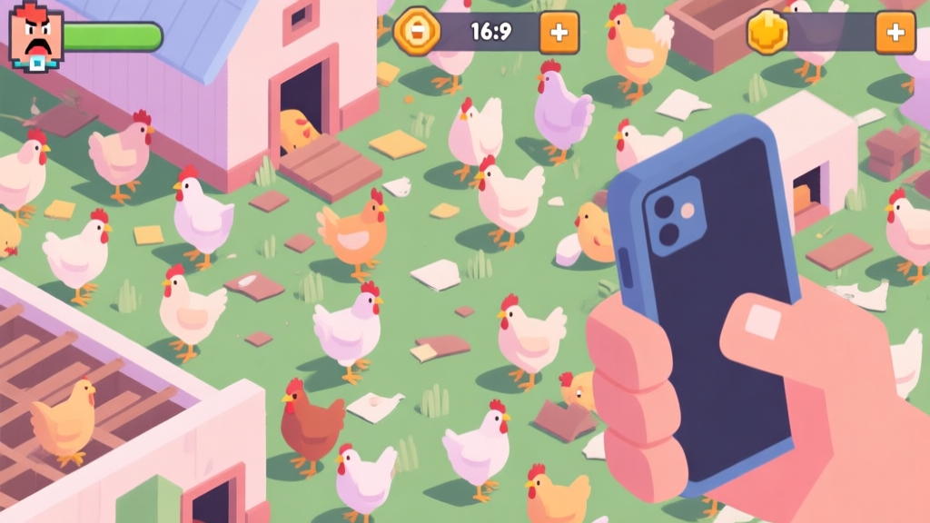 A cluttered and messy chicken farm game screen, with low-level chickens everywhere, a frustrated player's hand holding a phone, soft pastel colors, isometric view high quality illustration, detailed, 16:9