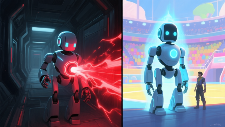 自动生成图片: A dynamic split-screen image showing two contrasting scenarios. Left side: A tense gameplay scene with a sleek, glowing Disco Droid emitting dangerous red pulses amidst a dark sci-fi corridor. Right side: The same droid model emitting a soft blue healing aura, standing protectively near a player character in a bright, colorful arena. Soft color palette, digital painting style. high quality illustration, detailed, 16:9