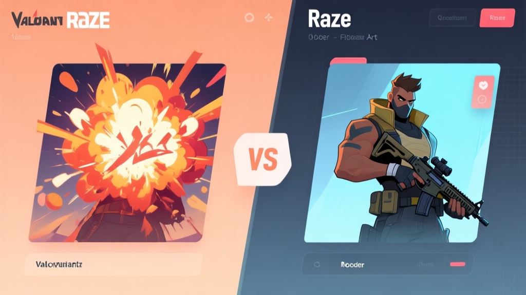 A stylized, side-by-side comparison infographic showing a vibrant, explosive Raze from older Valorant art versus a more tactical, calculated Raze in a modern, sleek UI setting, using a soft color palette of muted oranges and cool blues high quality illustration, detailed, 16:9