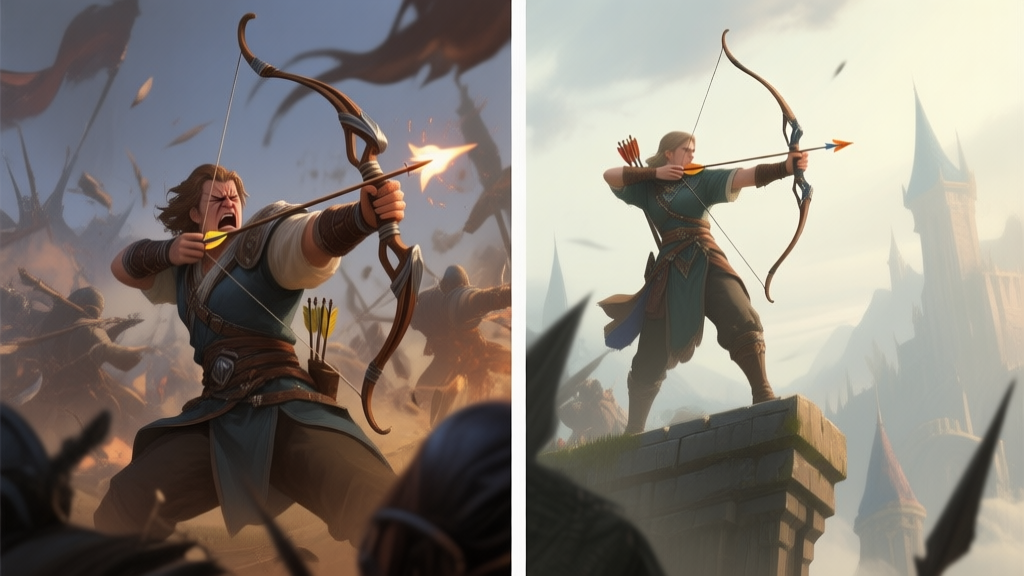 Side-by-side comparison of a frustrated archer missing shots in a chaotic battle versus a calm, focused archer landing precise hits from an elevated position, fantasy game art style, soft lighting high quality illustration, detailed, 16:9