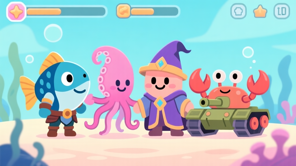 A vibrant, friendly group of cartoonish aquatic-themed game characters (a fish warrior, a squid mage, a crab tank) standing together in a formation, soft pastel colors, video game UI style, clean lines high quality illustration, detailed, 16:9