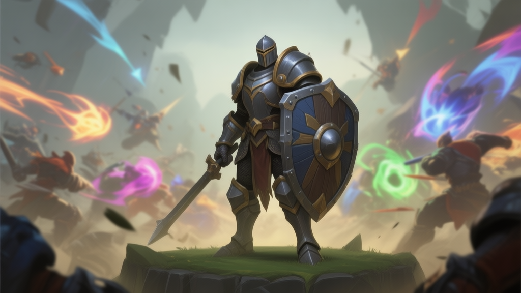 A lone, heavily armored knight character from a MOBA game standing resolutely on a capture point, holding a massive shield. The background is a chaotic teamfight with colorful ability effects, but the knight remains the calm, central focus. Soft lighting, muted colors. high quality illustration, detailed, 16:9