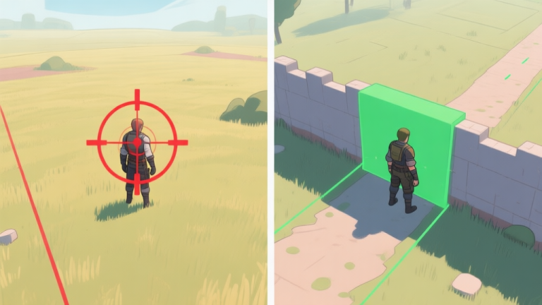 自动生成图片: Split-screen game scene comparison. Left side: a player character standing in an open field, highlighted in red with crosshair targeting them from multiple directions. Right side: the same character positioned behind a low wall with partial cover, highlighted in green, with a clear line of sight to one approach path. Top-down tactical view, clean lines, soft color scheme. high quality illustration, detailed, 16:9
