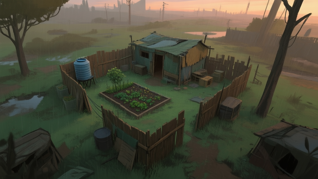 A top-down view of a makeshift survivor base in a post-apocalyptic setting, showing a small garden, rain collector, and wooden barricades, soft dusk lighting, muted green and brown color palette, digital painting style high quality illustration, detailed, 16:9