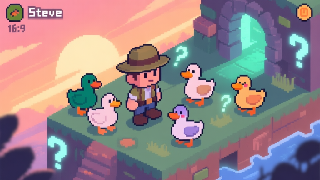 A stylized, isometric view of a pixel-art game scene featuring a character named Steve in a hunter's hat, surrounded by whimsical ducks with different expressions, set against a sunset backdrop with hidden question marks and secret pathways glowing subtly, soft pastel color palette high quality illustration, detailed, 16:9